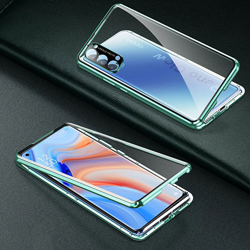 Luxury Aluminum Metal Frame Mirror Cover Case 360 Degrees T03 for Oppo Reno4 5G Green