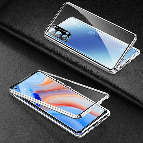 Luxury Aluminum Metal Frame Mirror Cover Case 360 Degrees T03 for Oppo Reno4 5G Silver
