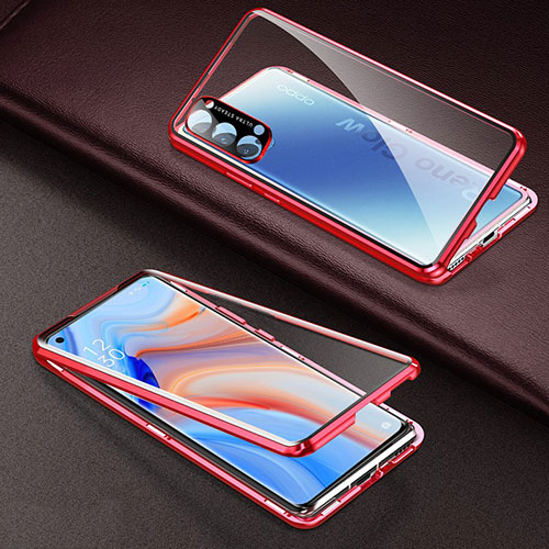 Luxury Aluminum Metal Frame Mirror Cover Case 360 Degrees T03 for Oppo Reno4 Pro 5G Red