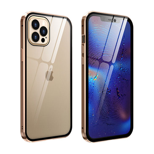 Luxury Aluminum Metal Frame Mirror Cover Case 360 Degrees T04 for Apple iPhone 12 Pro Max Gold