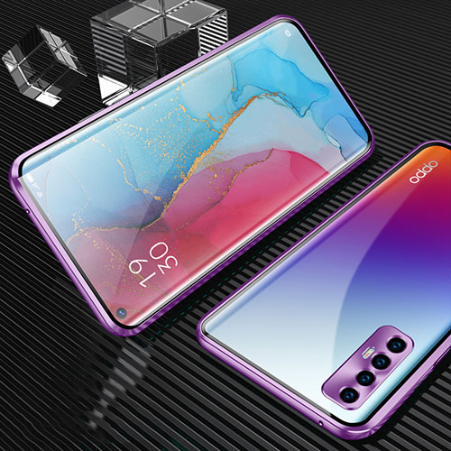 Luxury Aluminum Metal Frame Mirror Cover Case 360 Degrees T04 for Oppo Find X2 Neo Purple