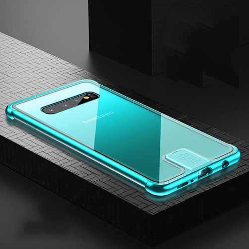 Luxury Aluminum Metal Frame Mirror Cover Case 360 Degrees T04 for Samsung Galaxy S10 Plus Cyan