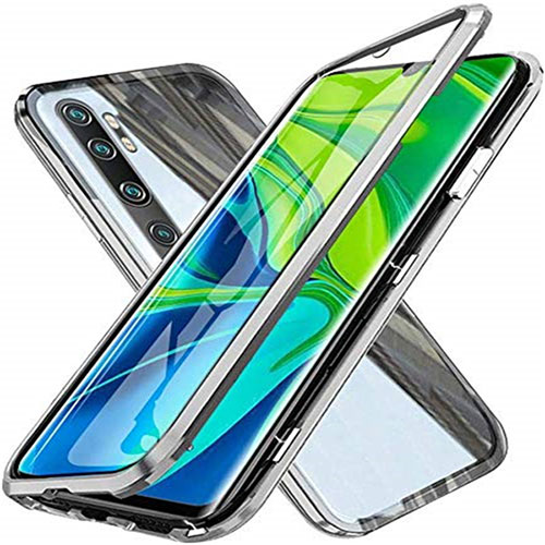 Luxury Aluminum Metal Frame Mirror Cover Case 360 Degrees T04 for Xiaomi Mi Note 10 Pro Silver