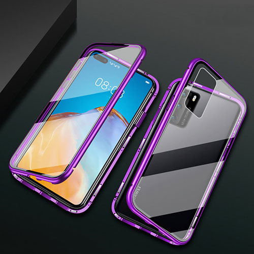 Luxury Aluminum Metal Frame Mirror Cover Case 360 Degrees T05 for Huawei P40 Purple