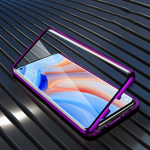 Luxury Aluminum Metal Frame Mirror Cover Case 360 Degrees T05 for Oppo Reno4 5G Purple