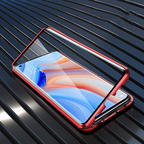 Luxury Aluminum Metal Frame Mirror Cover Case 360 Degrees T05 for Oppo Reno4 5G Red