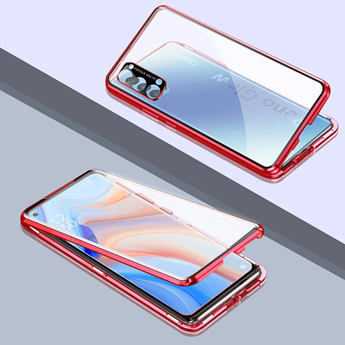 Luxury Aluminum Metal Frame Mirror Cover Case 360 Degrees T06 for Oppo Reno4 5G Red