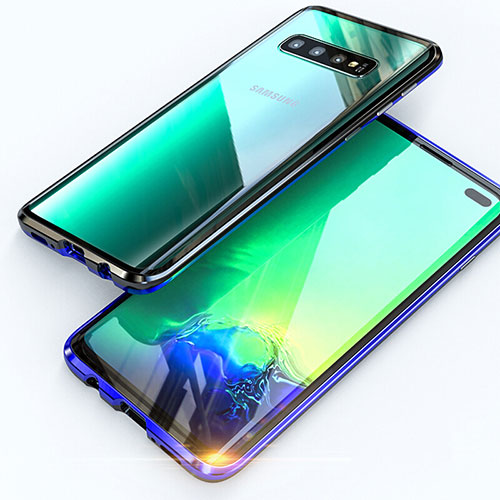 Luxury Aluminum Metal Frame Mirror Cover Case 360 Degrees T07 for Samsung Galaxy S10 Plus Blue and Black