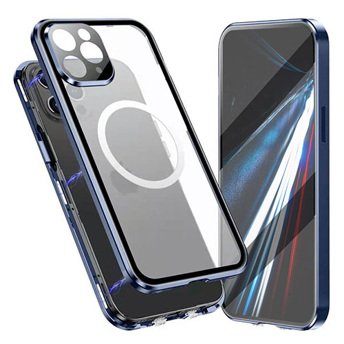 Luxury Aluminum Metal Frame Mirror Cover Case 360 Degrees with Mag-Safe Magnetic for Apple iPhone 13 Pro Blue