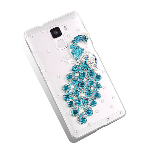 Luxury Diamond Bling Peacock Hard Rigid Case Cover for Huawei Honor 7 Sky Blue