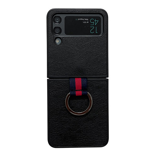Luxury Leather Matte Finish and Plastic Back Cover Case C04 for Samsung Galaxy Z Flip4 5G Black