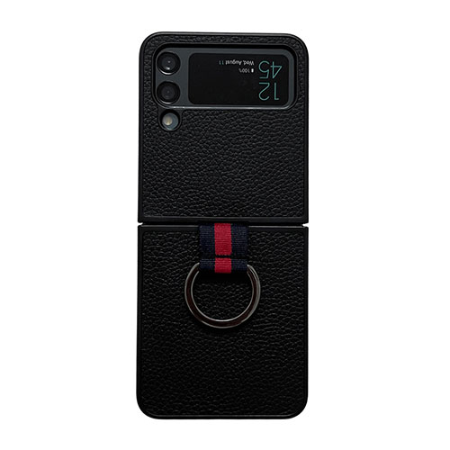Luxury Leather Matte Finish and Plastic Back Cover Case C05 for Samsung Galaxy Z Flip4 5G Black