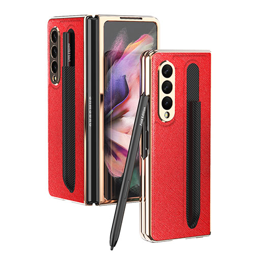 Luxury Leather Matte Finish and Plastic Back Cover Case C05 for Samsung Galaxy Z Fold3 5G Red