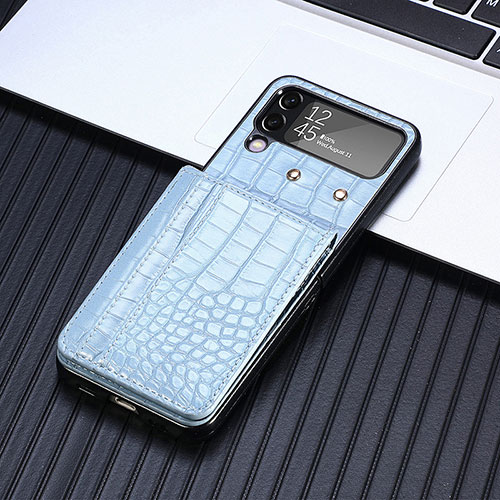 Luxury Leather Matte Finish and Plastic Back Cover Case H05 for Samsung Galaxy Z Flip4 5G Blue