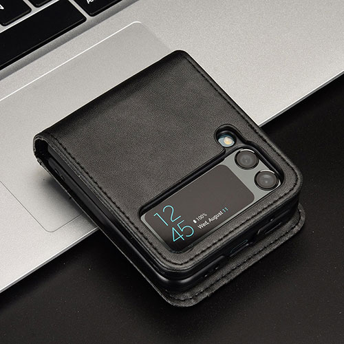 Luxury Leather Matte Finish and Plastic Back Cover Case JD1 for Samsung Galaxy Z Flip3 5G Black