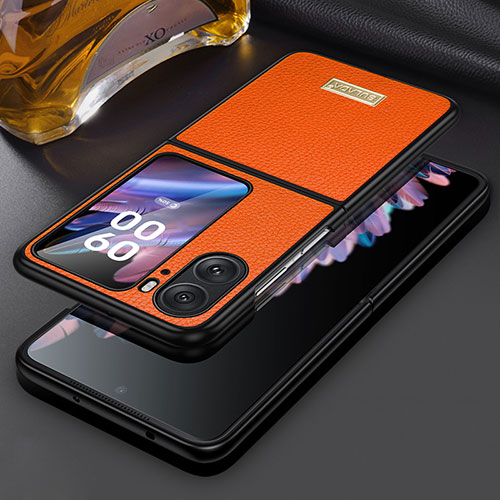 Luxury Leather Matte Finish and Plastic Back Cover Case LD2 for Oppo Find N2 Flip 5G Orange