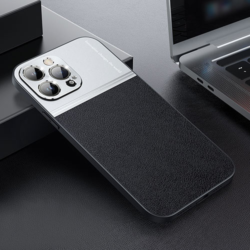 Luxury Leather Matte Finish and Plastic Back Cover Case QC1 for Apple iPhone 12 Pro Max Silver