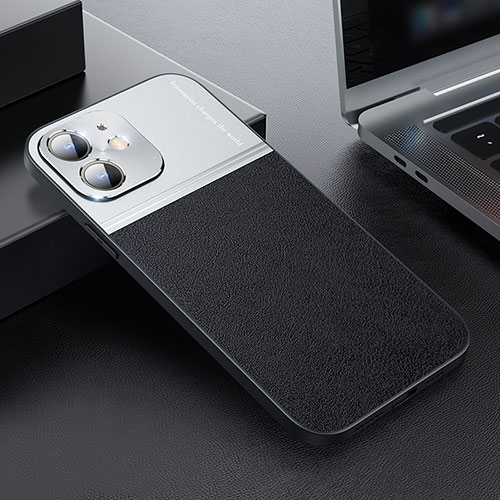 Luxury Leather Matte Finish and Plastic Back Cover Case QC1 for Apple iPhone 12 Silver