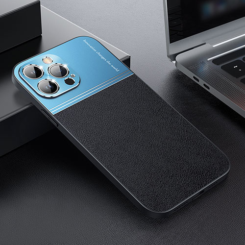 Luxury Leather Matte Finish and Plastic Back Cover Case QC1 for Apple iPhone 13 Pro Max Blue