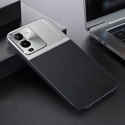 Luxury Leather Matte Finish and Plastic Back Cover Case QC1 for Vivo V25 Pro 5G Silver