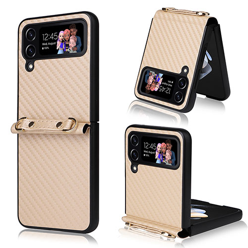 Luxury Leather Matte Finish and Plastic Back Cover Case R01 for Samsung Galaxy Z Flip3 5G Gold