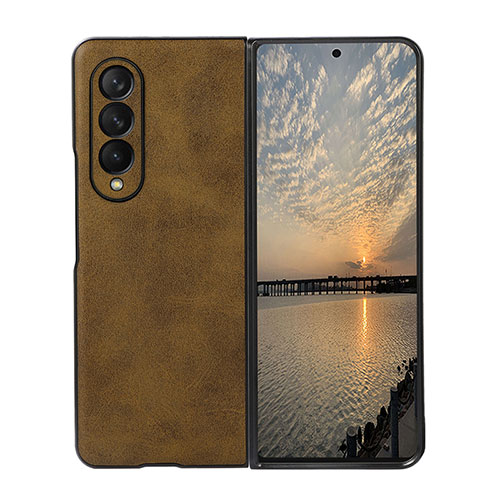 Luxury Leather Matte Finish and Plastic Back Cover Case R02 for Samsung Galaxy Z Fold3 5G Brown