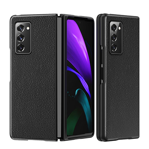 Luxury Leather Matte Finish and Plastic Back Cover Case S06 for Samsung Galaxy Z Fold2 5G Black