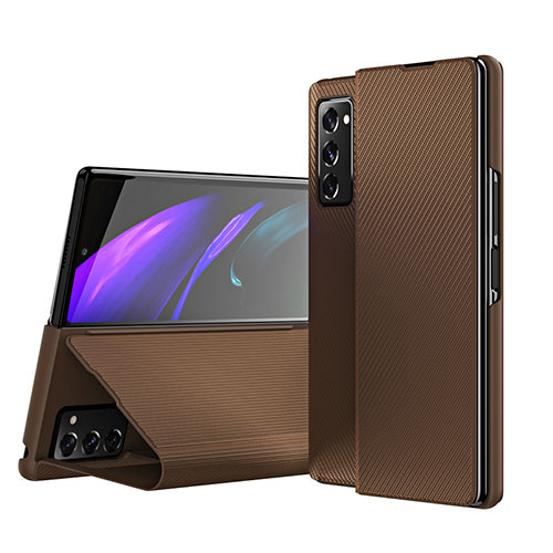 Luxury Leather Matte Finish and Plastic Back Cover Case S07 for Samsung Galaxy Z Fold2 5G Brown