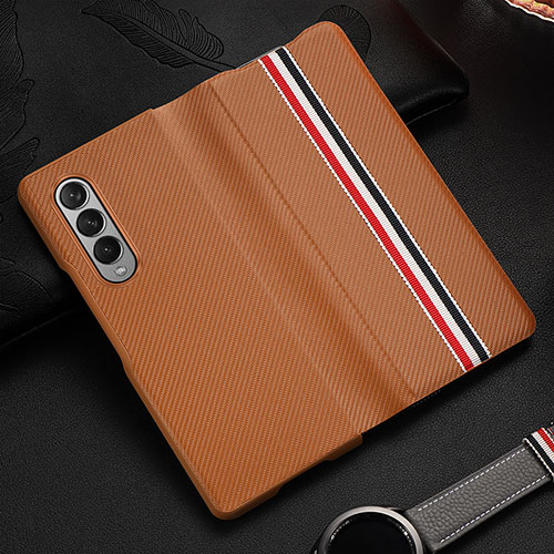 Luxury Leather Matte Finish and Plastic Back Cover Case S09 for Samsung Galaxy Z Fold4 5G Brown