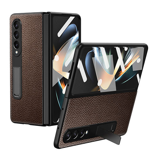 Luxury Leather Matte Finish and Plastic Back Cover Case T01 for Samsung Galaxy Z Fold4 5G Brown