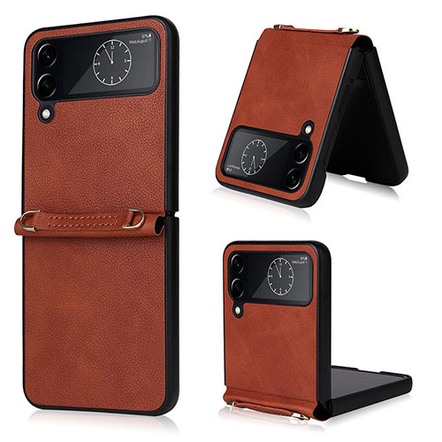 Luxury Leather Matte Finish and Plastic Back Cover Case T02 for Samsung Galaxy Z Flip4 5G Brown