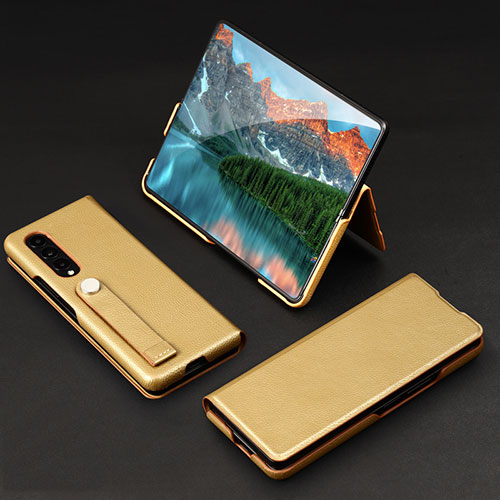 Luxury Leather Matte Finish and Plastic Back Cover Case T02 for Samsung Galaxy Z Fold3 5G Gold