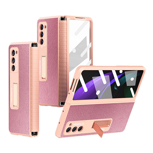 Luxury Leather Matte Finish and Plastic Back Cover Case Z03 for Samsung Galaxy Z Fold2 5G Rose Gold