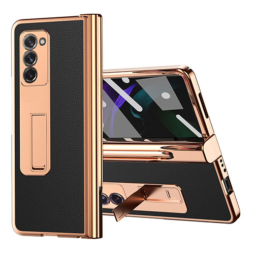 Luxury Leather Matte Finish and Plastic Back Cover Case Z04 for Samsung Galaxy Z Fold2 5G Black