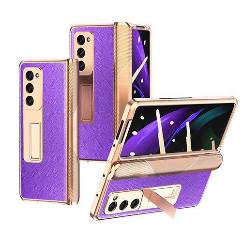 Luxury Leather Matte Finish and Plastic Back Cover Case Z09 for Samsung Galaxy Z Fold2 5G Purple
