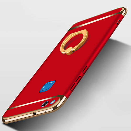 Luxury Metal Frame and Plastic Back Case with Finger Ring Stand for Huawei GR3 (2017) Red
