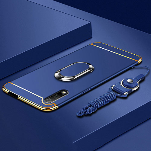 Luxury Metal Frame and Plastic Back Cover Case with Finger Ring Stand A01 for Huawei Honor 9X Blue