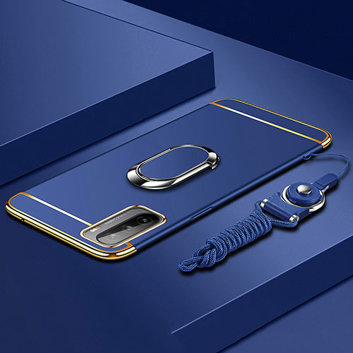 Luxury Metal Frame and Plastic Back Cover Case with Finger Ring Stand A01 for Huawei Mate 40 Lite 5G Blue