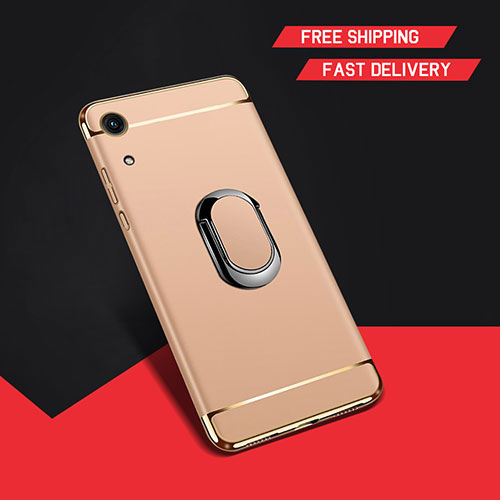 Luxury Metal Frame and Plastic Back Cover Case with Finger Ring Stand A01 for Huawei Y6 Prime (2019) Gold