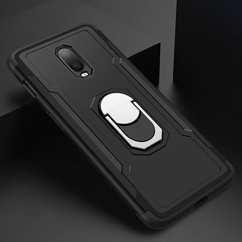 Luxury Metal Frame and Plastic Back Cover Case with Finger Ring Stand A01 for OnePlus 6T Black