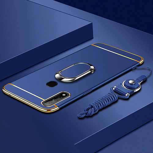 Luxury Metal Frame and Plastic Back Cover Case with Finger Ring Stand A01 for Oppo A31 Blue