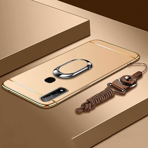 Luxury Metal Frame and Plastic Back Cover Case with Finger Ring Stand A01 for Oppo A31 Gold