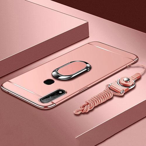 Luxury Metal Frame and Plastic Back Cover Case with Finger Ring Stand A01 for Oppo A31 Rose Gold