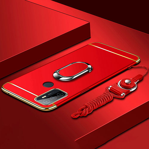 Luxury Metal Frame and Plastic Back Cover Case with Finger Ring Stand A01 for Oppo A32 Red