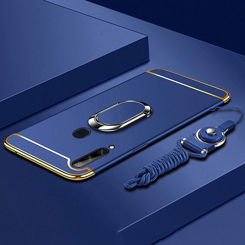Luxury Metal Frame and Plastic Back Cover Case with Finger Ring Stand A01 for Samsung Galaxy A20s Blue