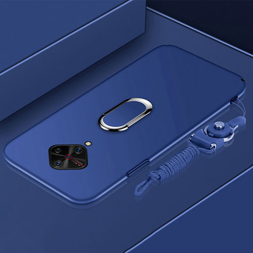 Luxury Metal Frame and Plastic Back Cover Case with Finger Ring Stand A01 for Vivo X50 Lite Blue