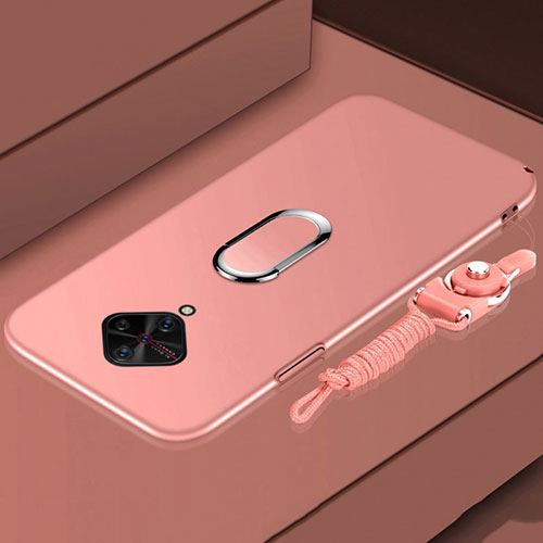 Luxury Metal Frame and Plastic Back Cover Case with Finger Ring Stand A01 for Vivo X50 Lite Rose Gold