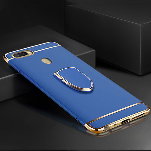Luxury Metal Frame and Plastic Back Cover Case with Finger Ring Stand A02 for Oppo A7 Blue