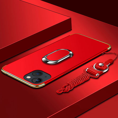 Luxury Metal Frame and Plastic Back Cover Case with Finger Ring Stand and Lanyard for Apple iPhone 13 Red