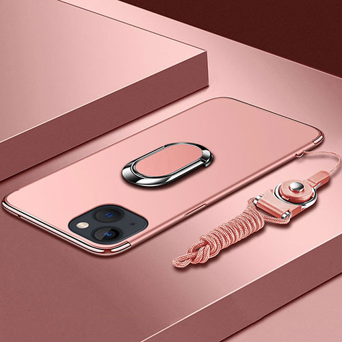 Luxury Metal Frame and Plastic Back Cover Case with Finger Ring Stand and Lanyard for Apple iPhone 14 Plus Rose Gold